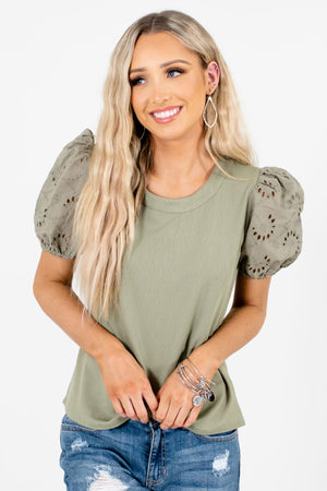 Olive Green Eyelet Detailed Boutique Tops for Women