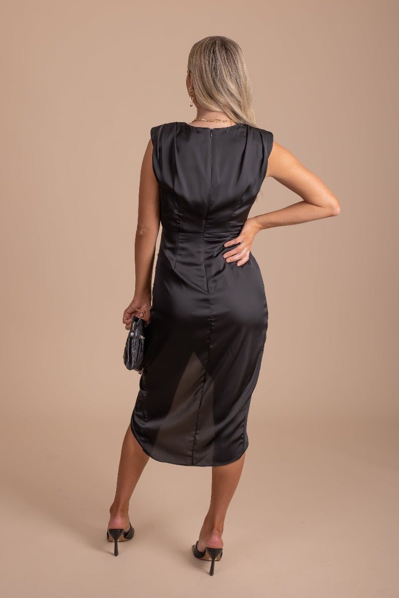 cap sleeve silk midi dress in black