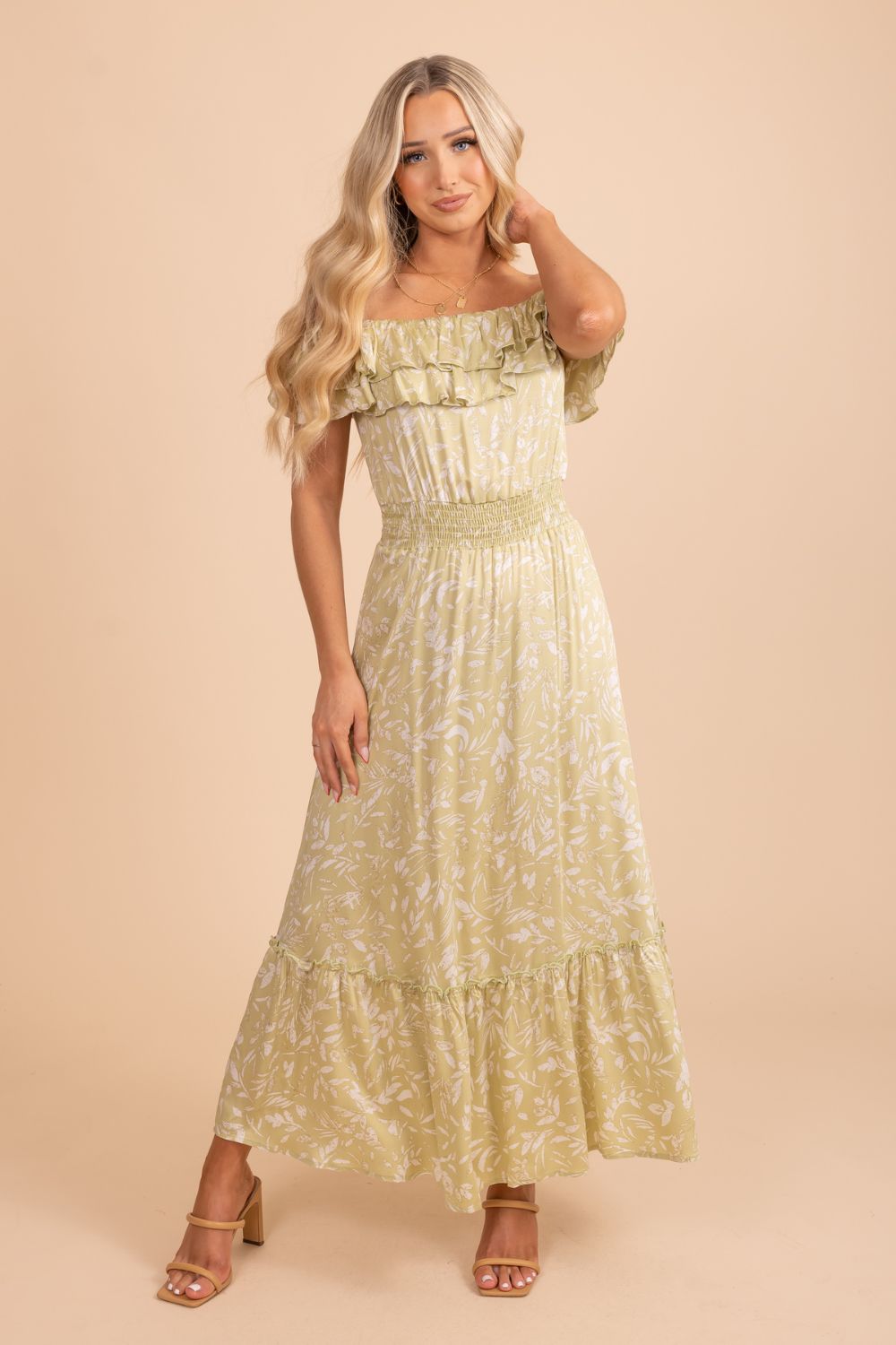 Off-The-Shoulder Flowy Maxi Dress in Light Green