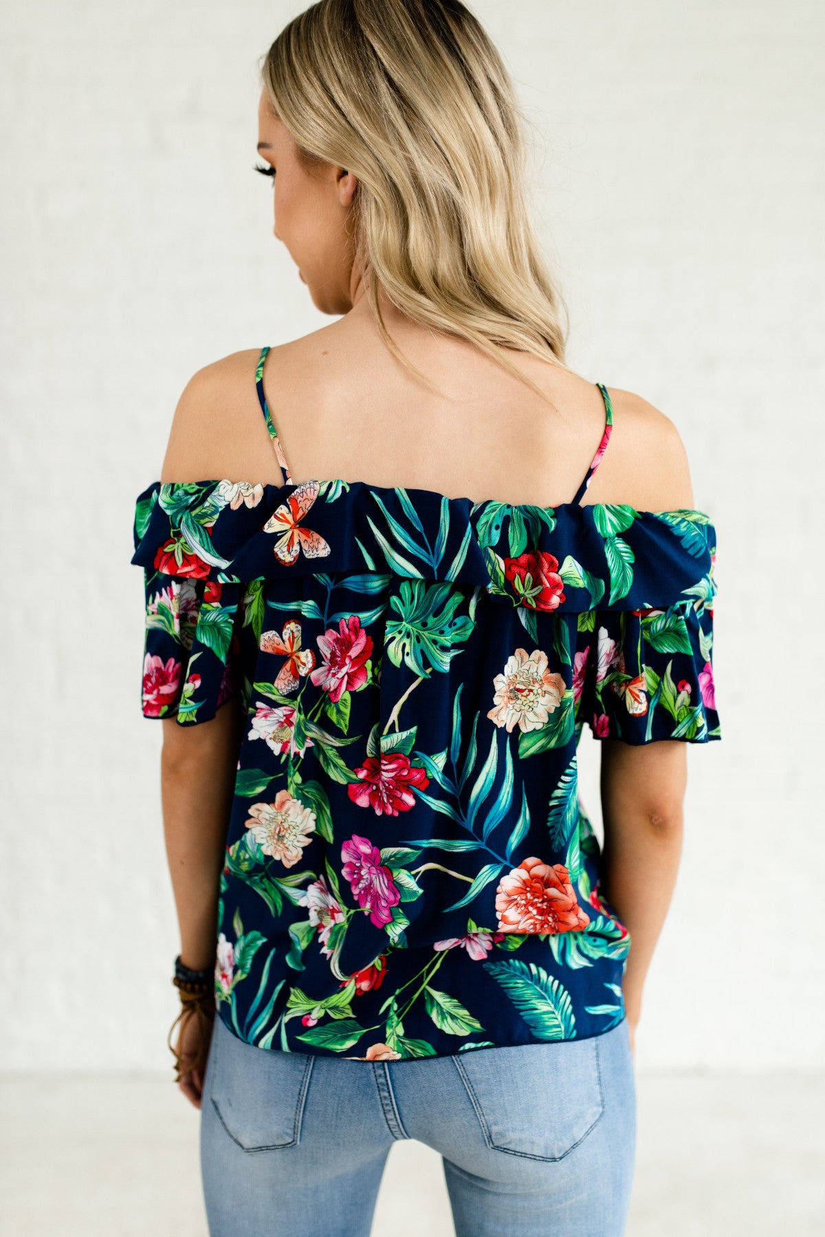Navy Blue Women's Tropical Floral Print Boutique Tops