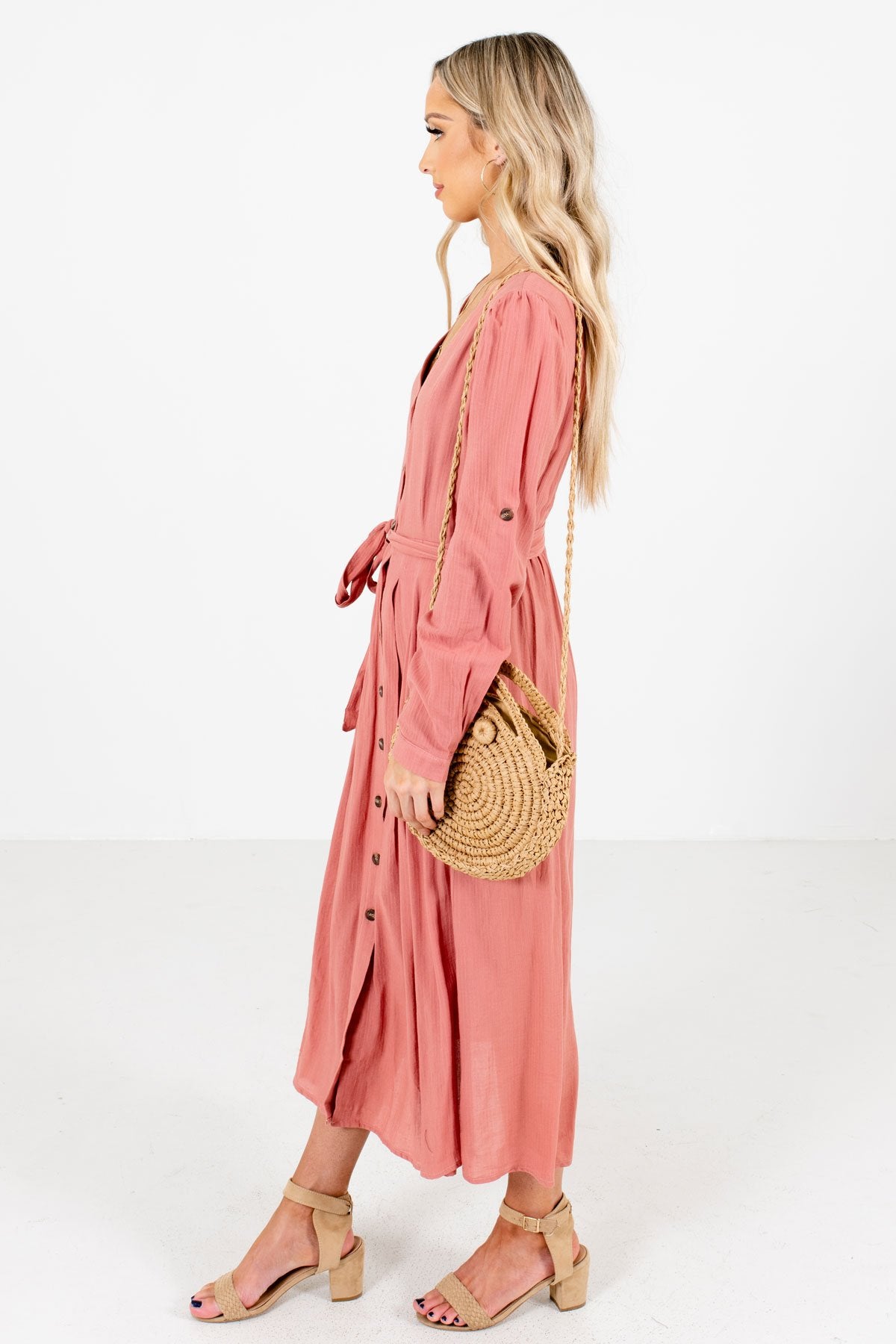 Pink Waist Tie Detail Boutique Midi Dresses for Women
