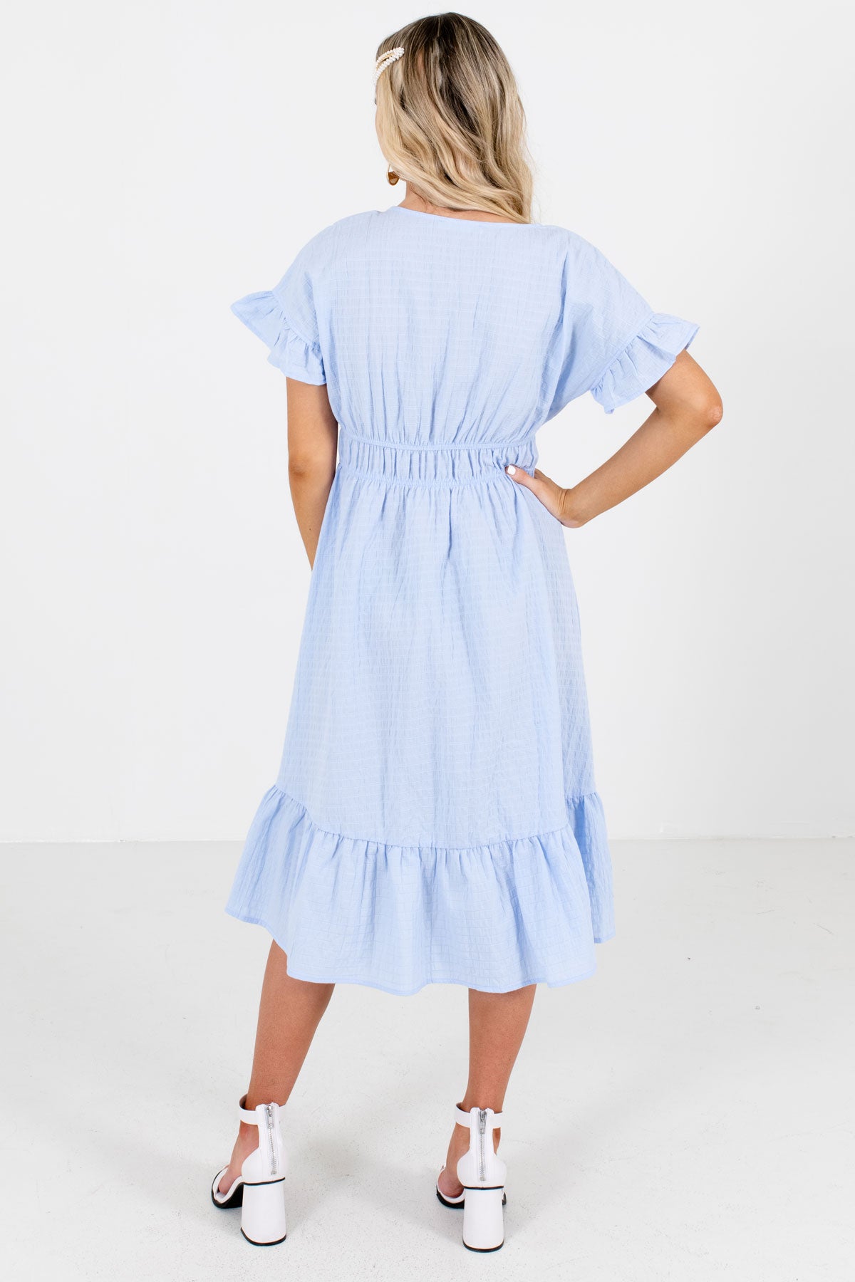 Women's Light Blue Ruffle Accented Boutique Knee-Length Dress