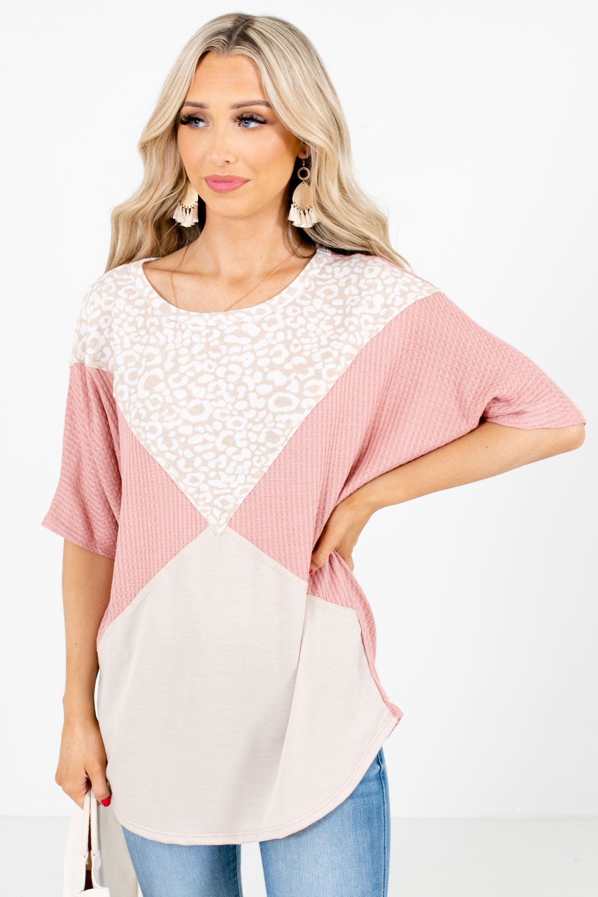 Pink High-Quality Waffle Knit Material Boutique Tops for Women