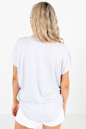 Gray and White Stripe Patterned Boutique Tops for Women