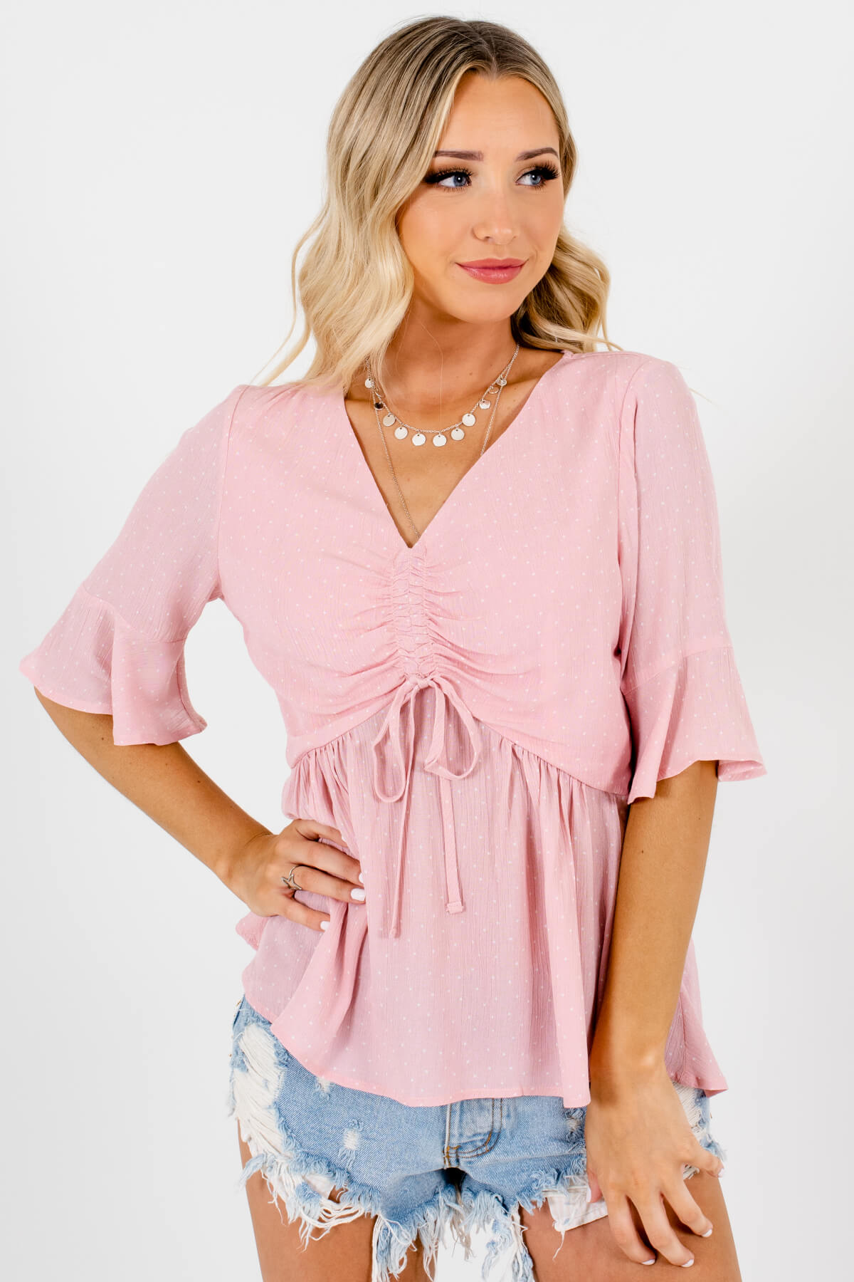 Pink White Polka Dot Print Ruched Tops Affordable Online Boutique