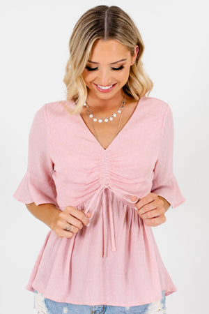 Pink White Polka Dot Ruched Bodice Tops for Women
