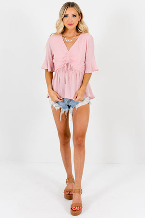 Pink Polka Dot Ruched Bodice Tops Affordable Online Boutique