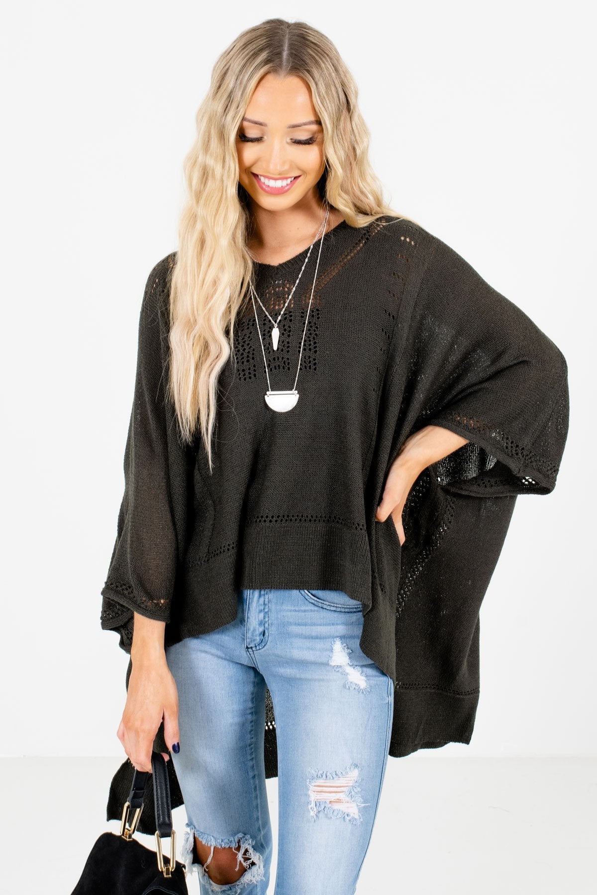 Charcoal Gray Lightweight Knit Material Boutique Ponchos for Women