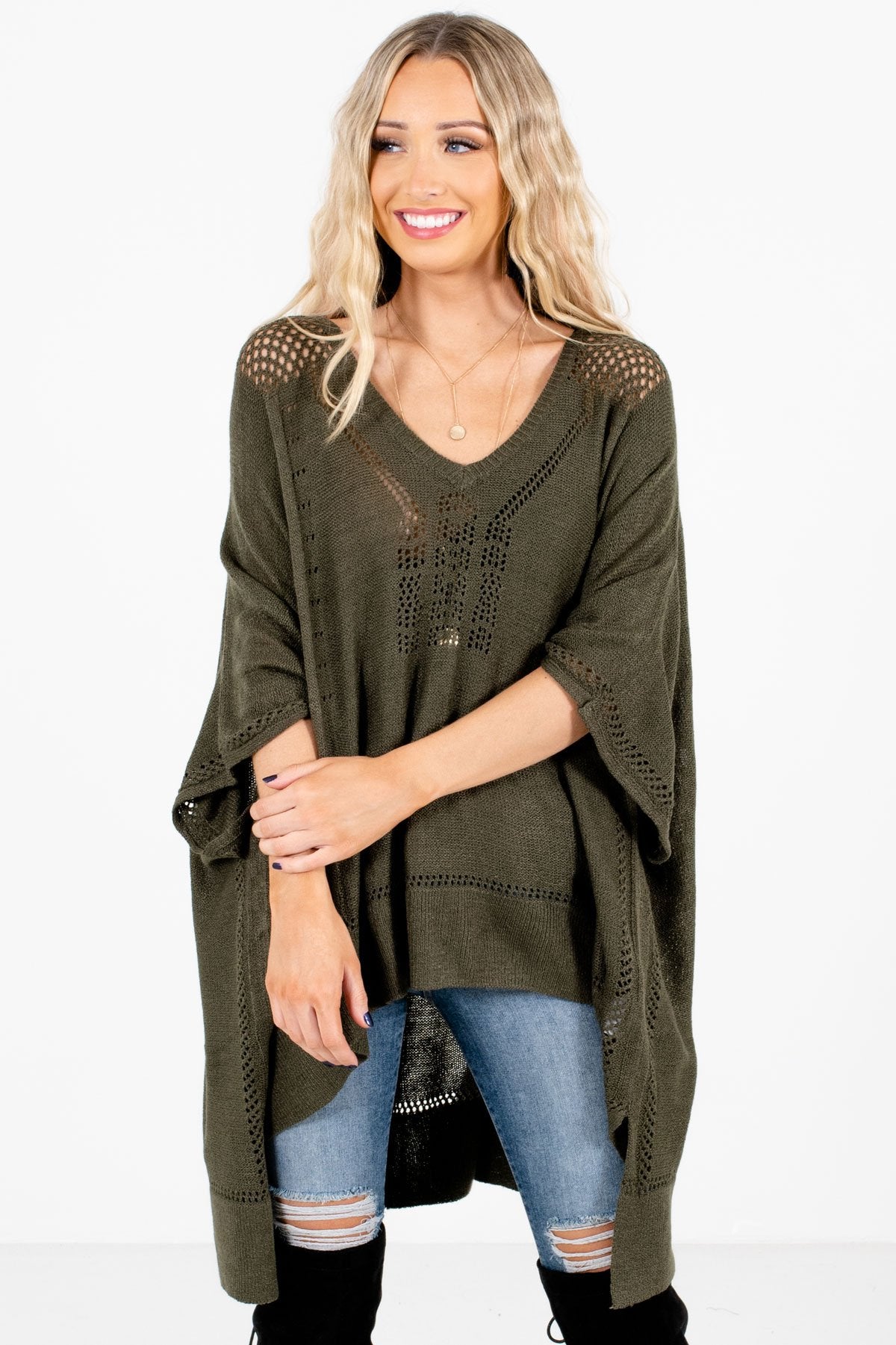 Olive Green Lightweight Knit Material Boutique Ponchos for Women