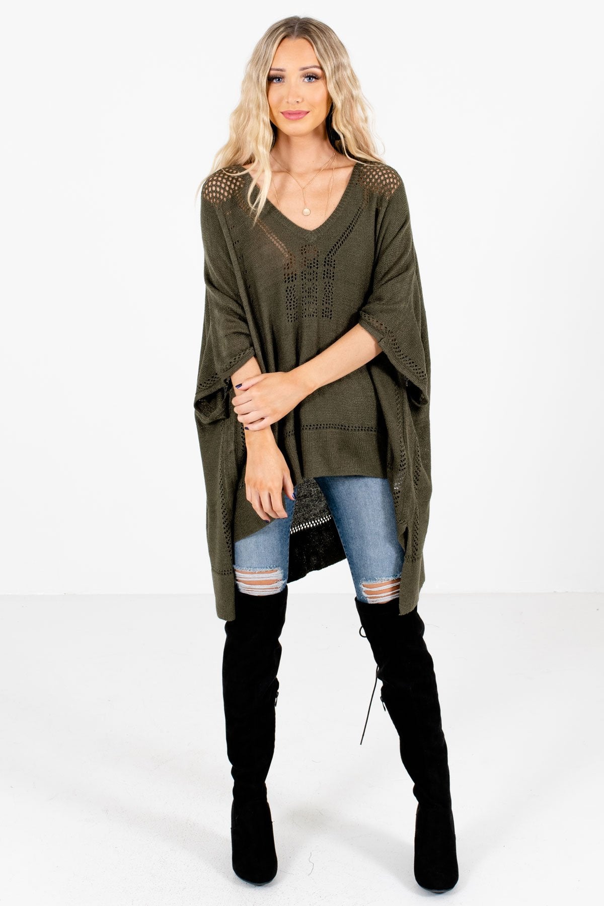 Women’s Olive Green Casual Everyday Boutique Ponchos