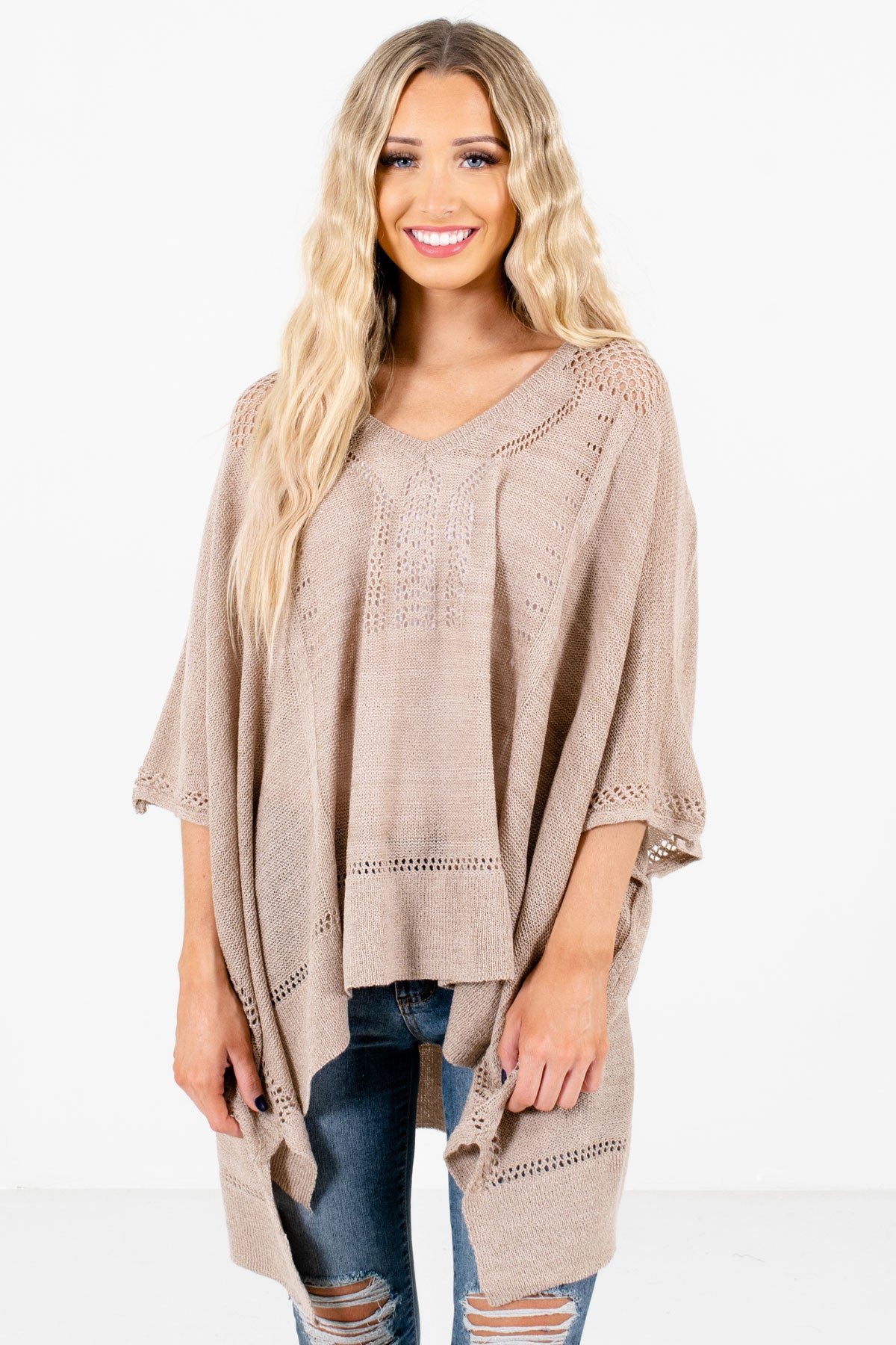 Taupe Brown Lightweight Knit Material Boutique Ponchos for Women