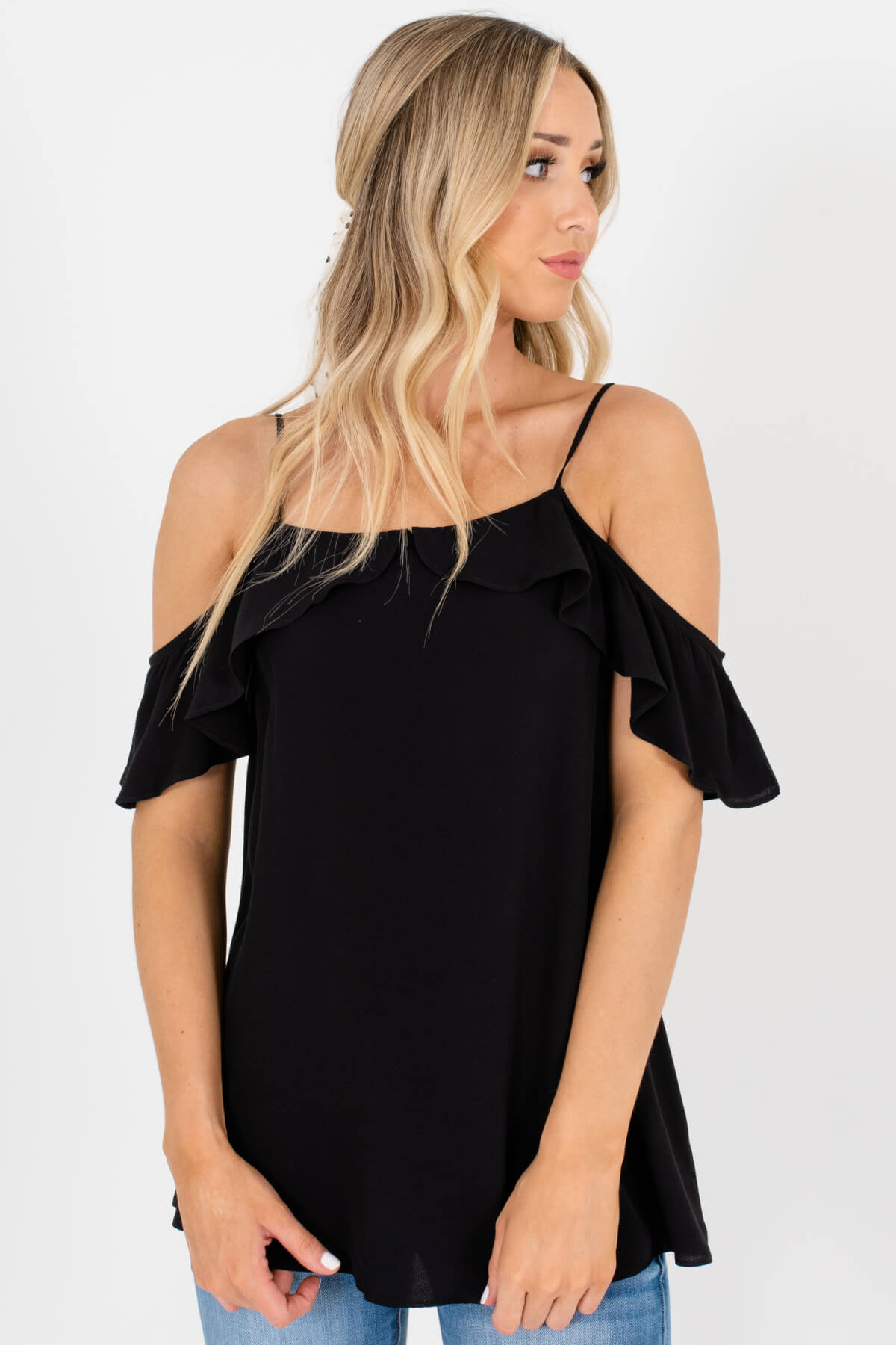 Black Ruffle Cold Shoulder Ruffle Tops Affordable Boutique