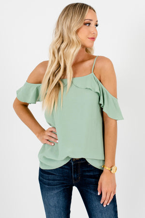 Light Green Cute Cold Shoulder Tops Affordable Boutique Summer Fashion