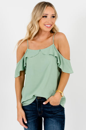 Green Ruffle Cold Shoulder Tops Affordable Online Boutique