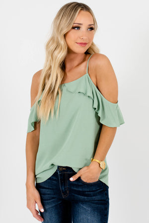 Green Ruffle Cold Shoulder Tops Affordable Boutique Fashion