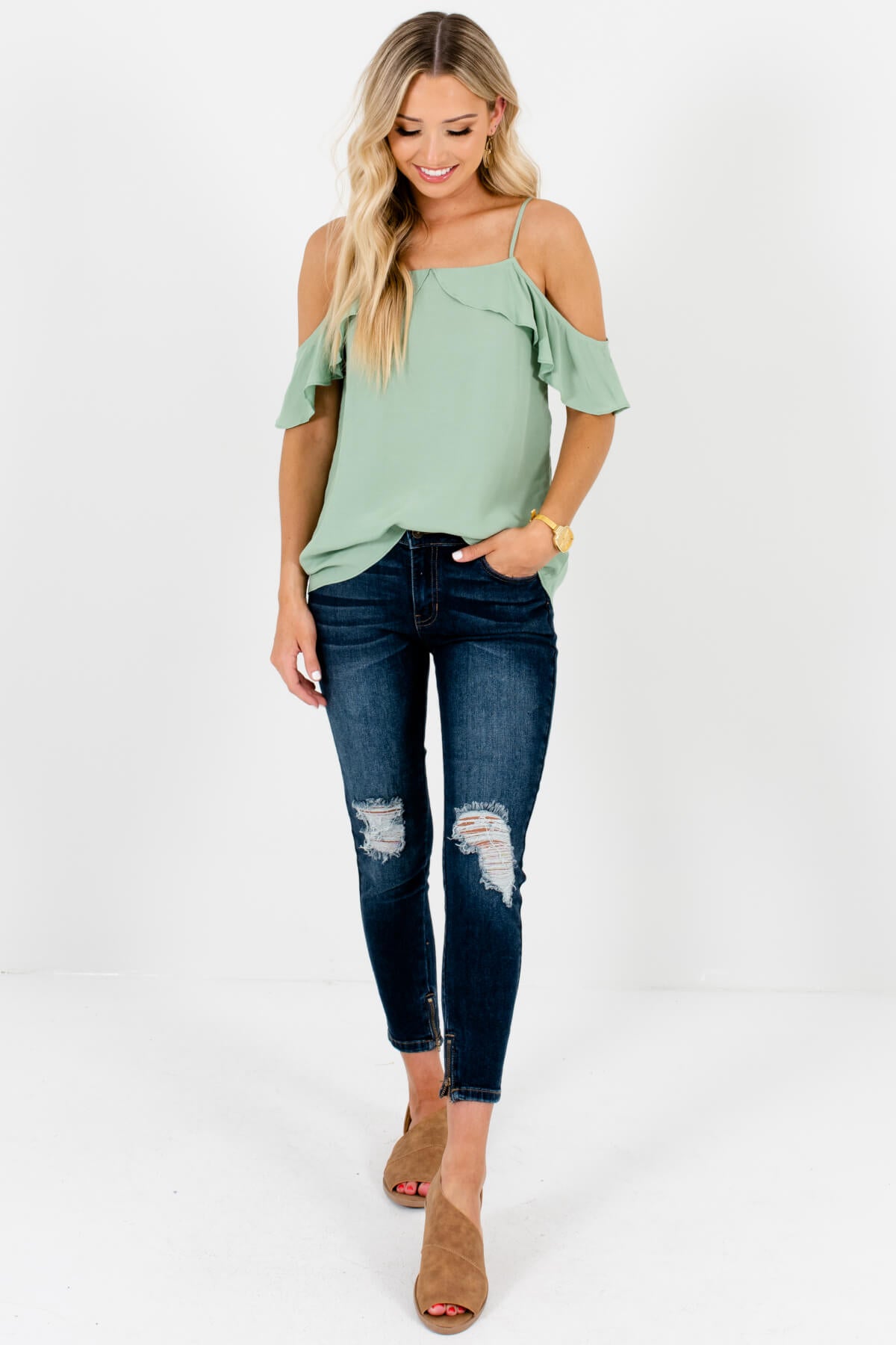 Light Green Boutique Cold Shoulder Tops with Ruffles and Buttons