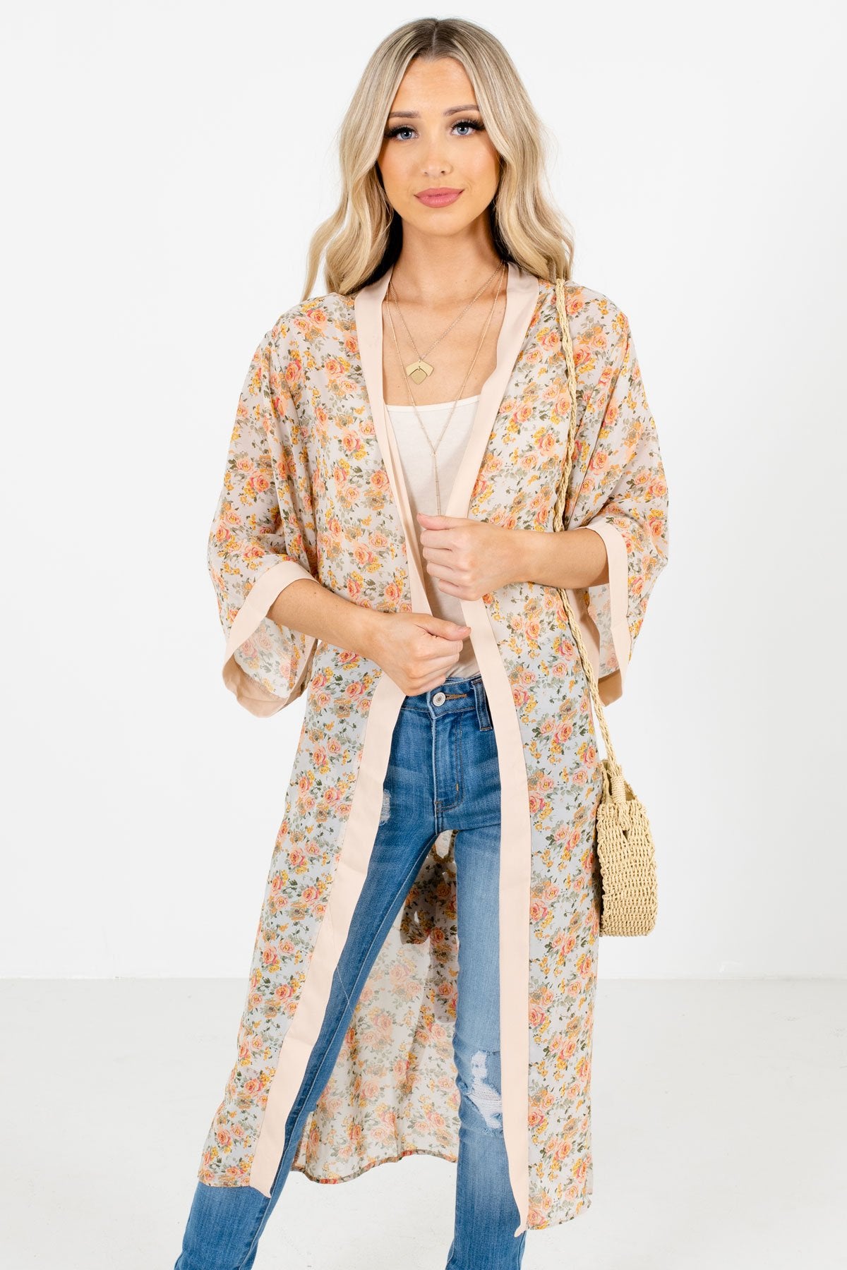 Pink Multicolored Floral Patterned Boutique Kimonos for Women