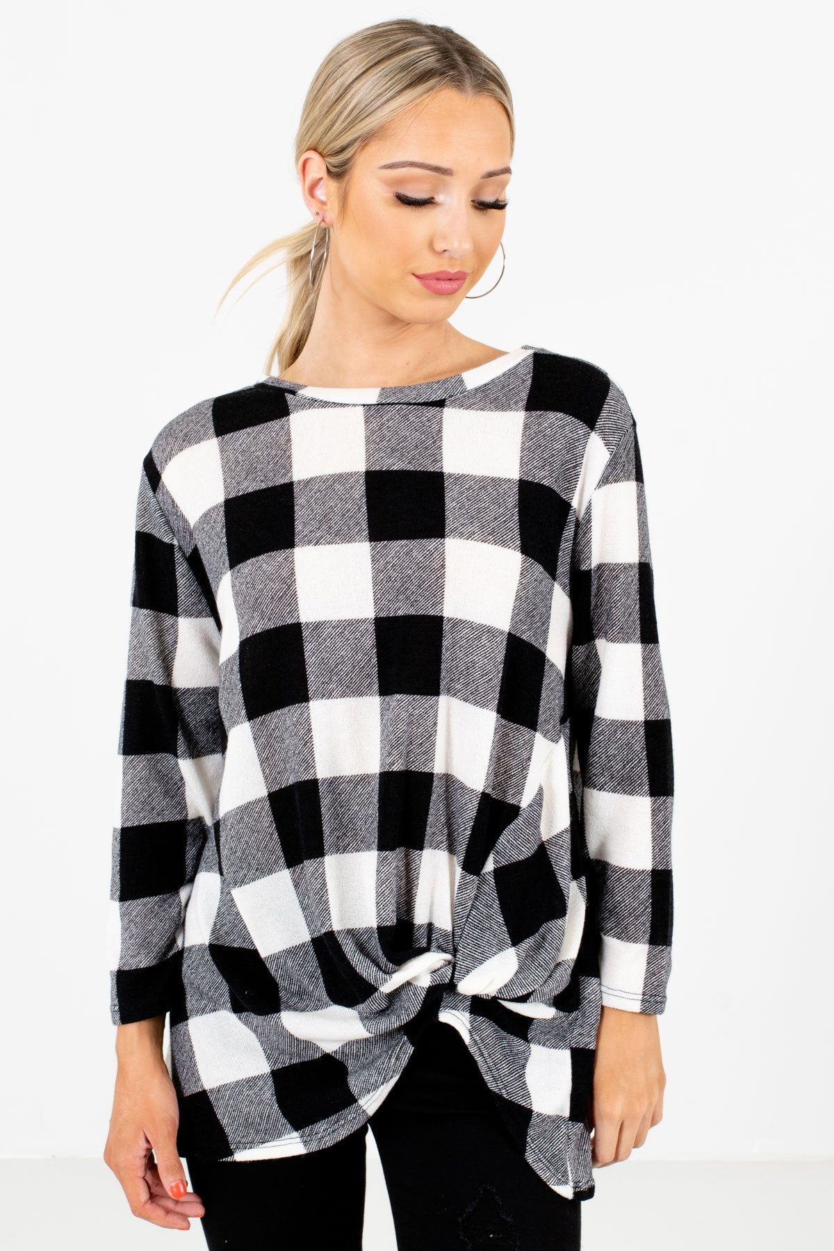 Black and White Plaid Patterned Boutique Tops for Women