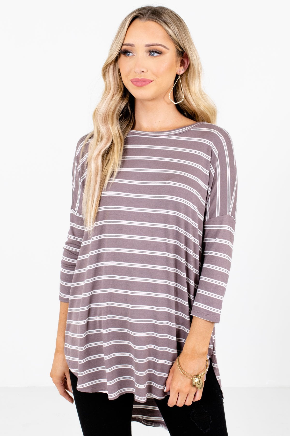 Mocha Brown and White Striped Boutique Tops for Women
