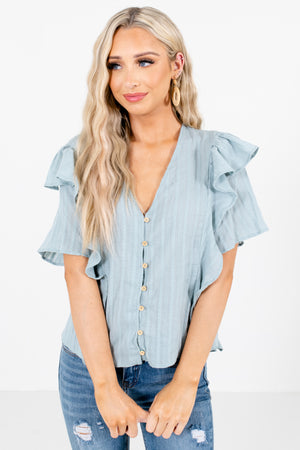 Blue Button-Up Front Boutique Blouses for Women