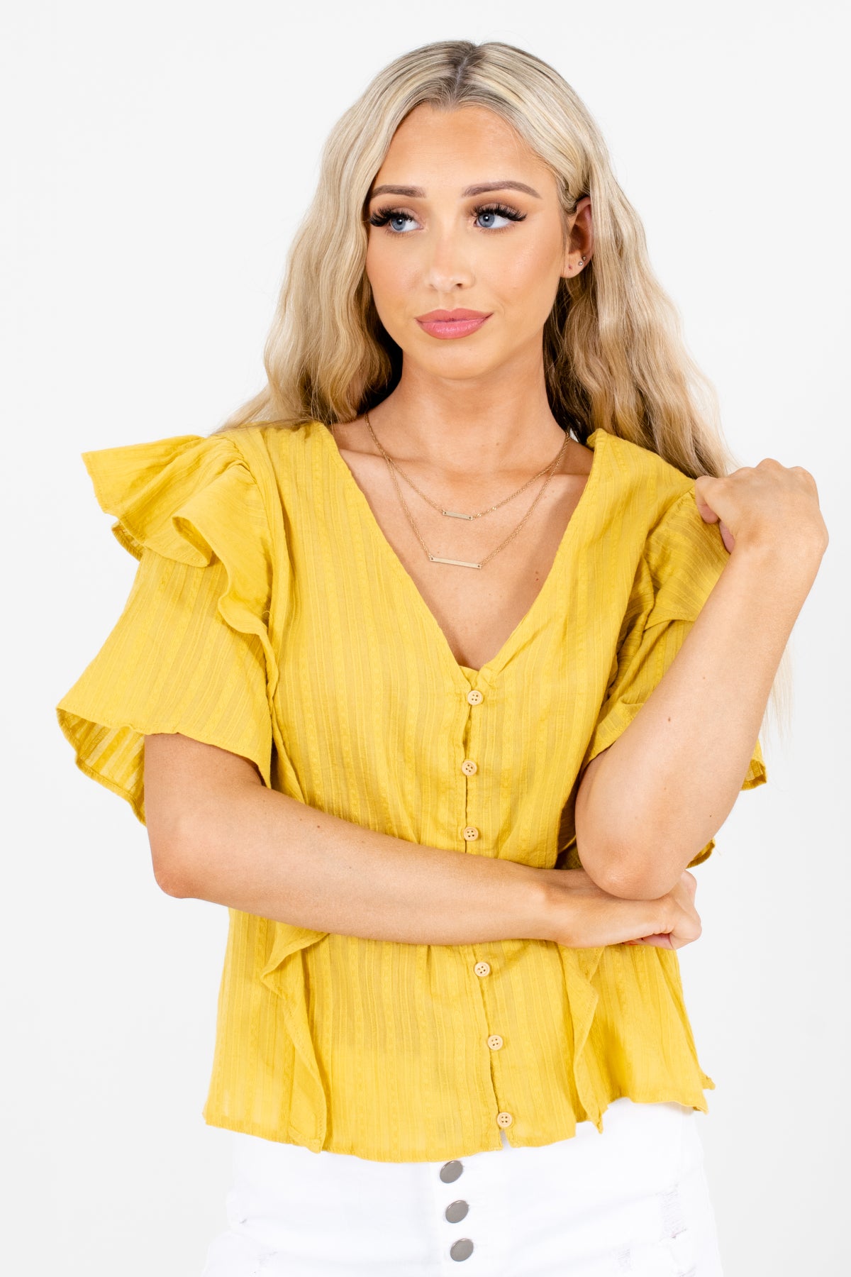 Yellow V-Neckline Boutique Tops for Women