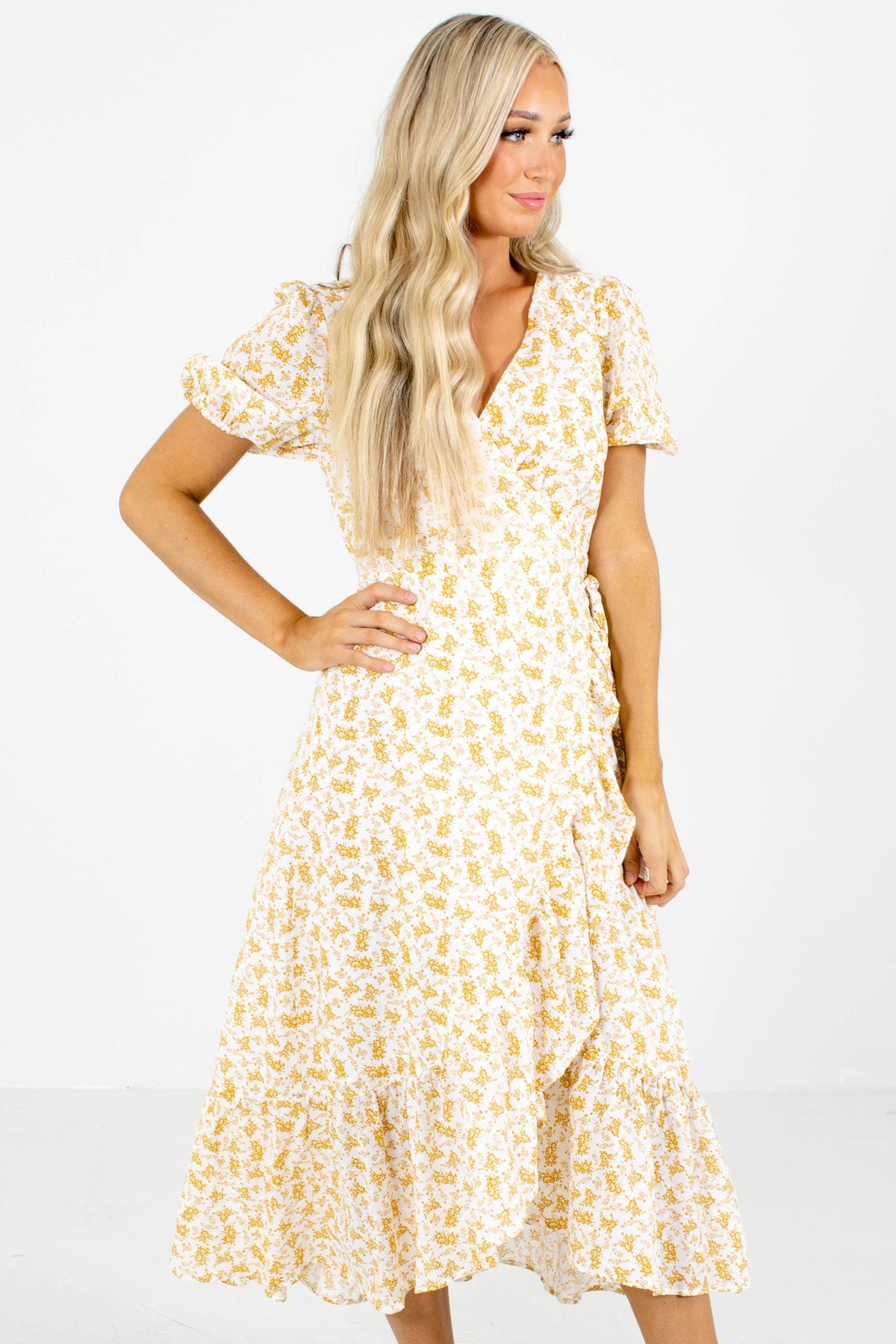 White and Yellow Floral Patterned Boutique Midi Dresses for Women