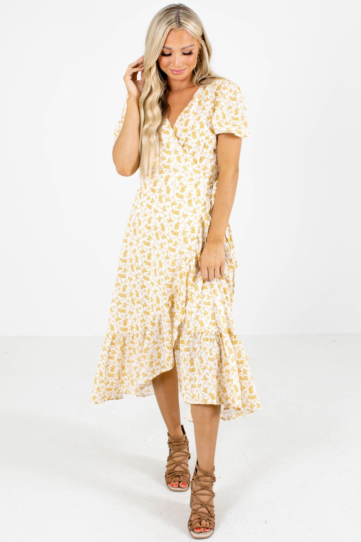 Women's Yellow Ruffle Accented Boutique Midi Dress