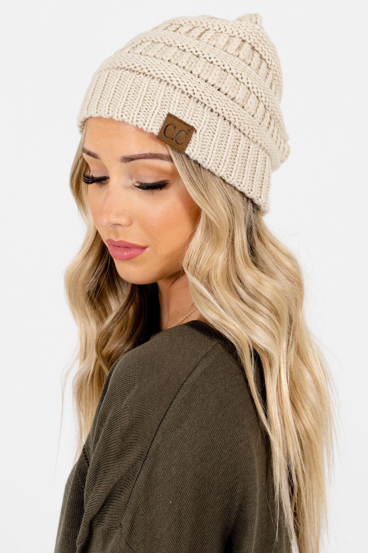 Cream High-Quality Knit Boutique Beanies for Women