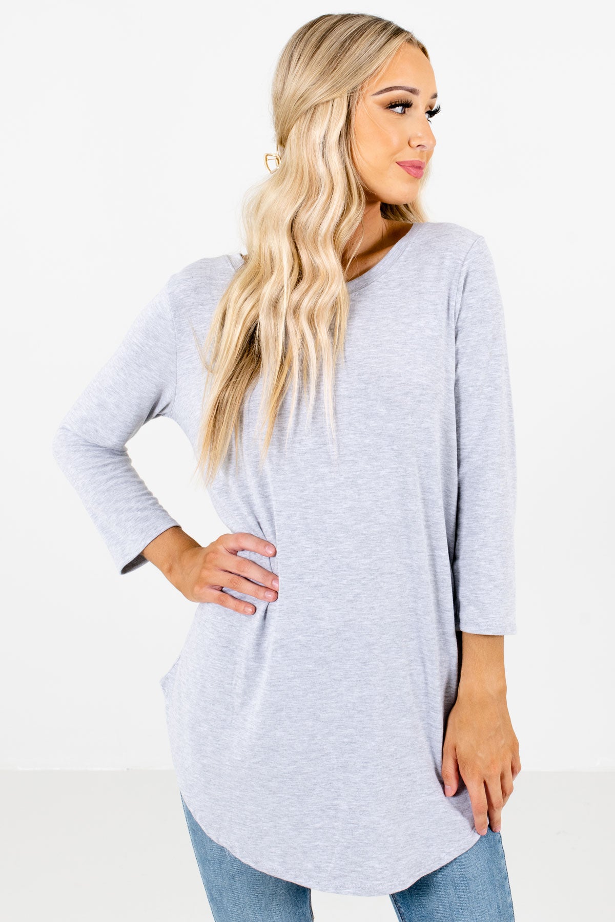 Heather Gray ¾ Length Sleeve Boutique Tops for Women