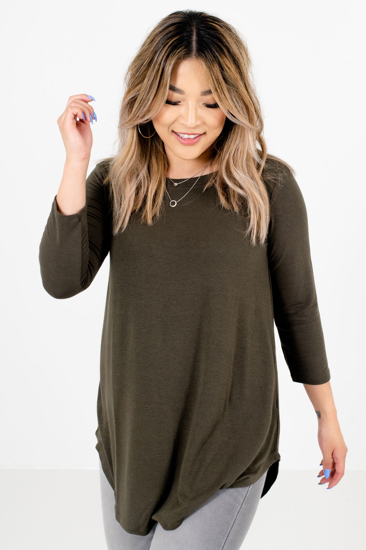 Olive Green ¾ Length Sleeve Boutique Tops for Women