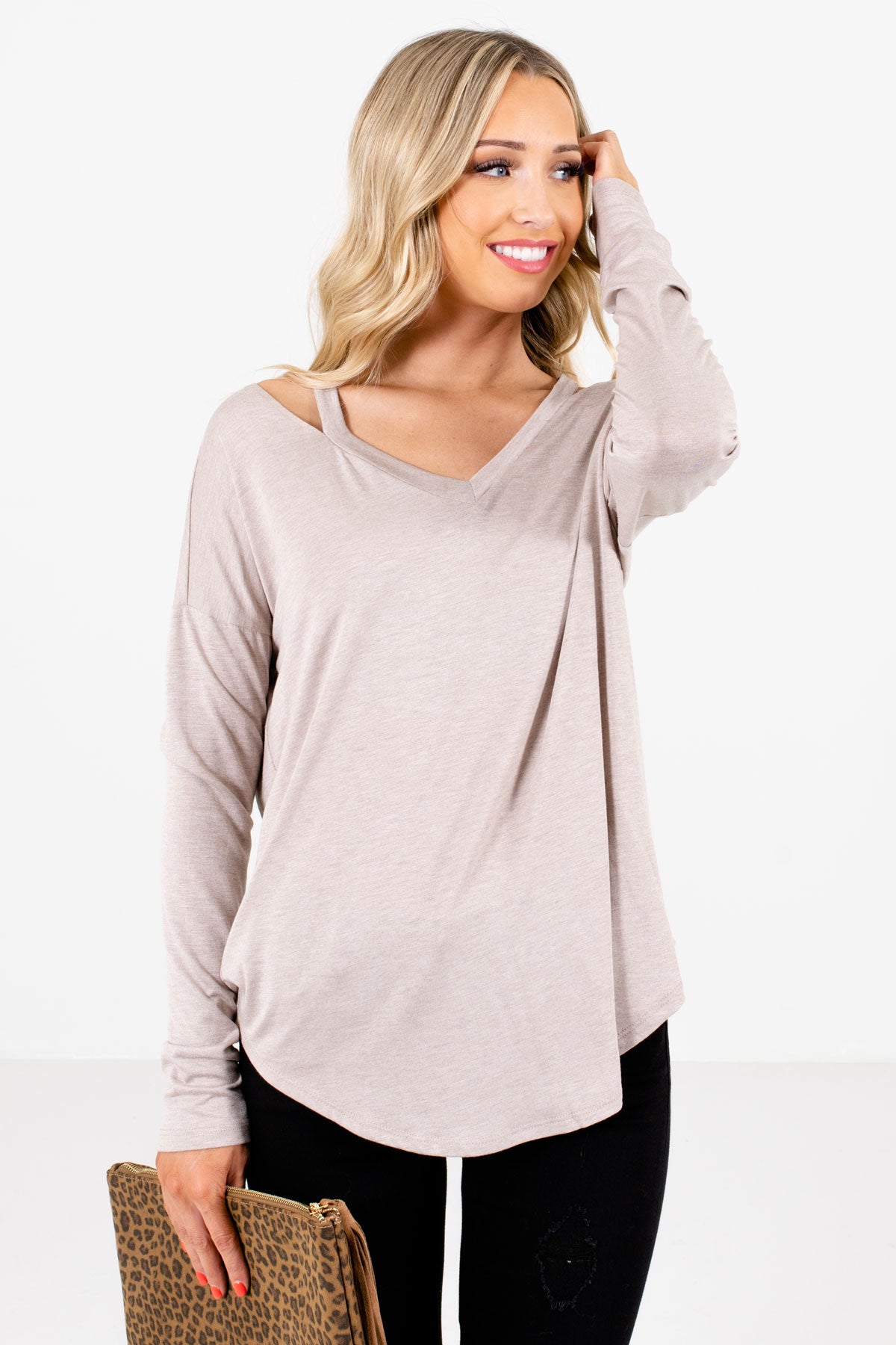 Women's Taupe Brown Rounded Hem Boutique Tops