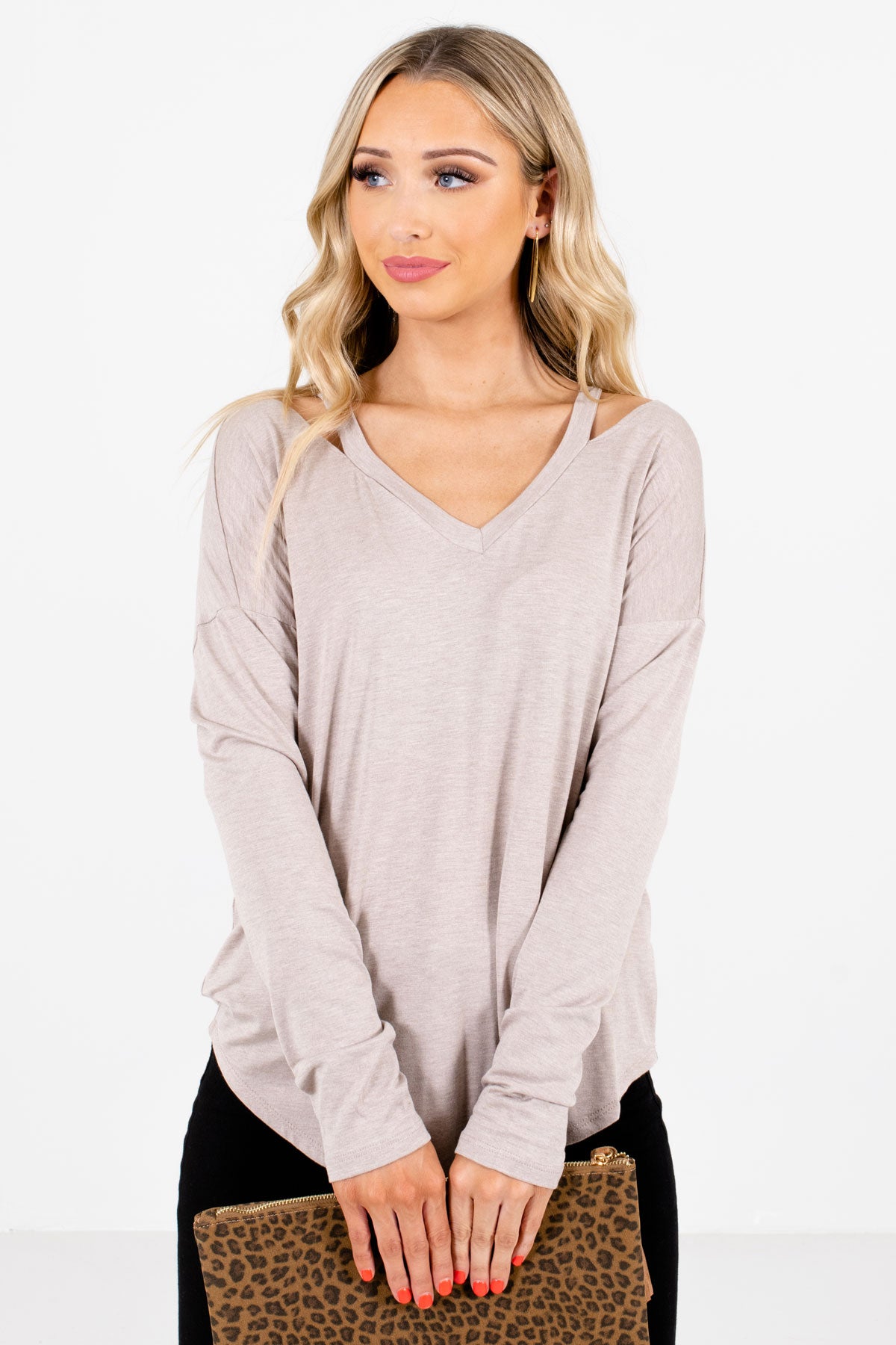 Women's Taupe Brown Basic Layering Boutique Tops