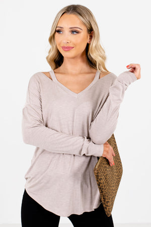 Taupe Brown Cutout Shoulder Detailed Boutique Tops for Women