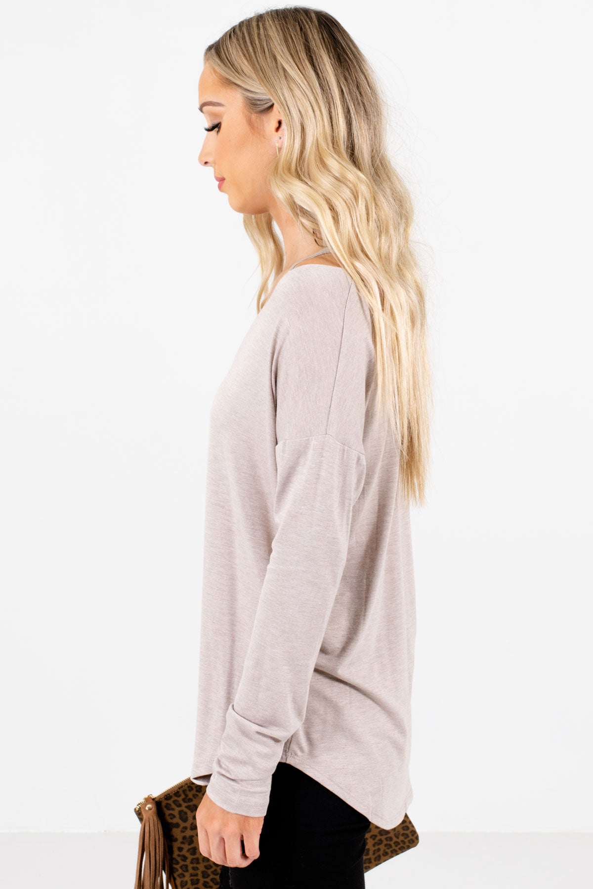 Taupe Brown Long Sleeve Boutique Tops for Women
