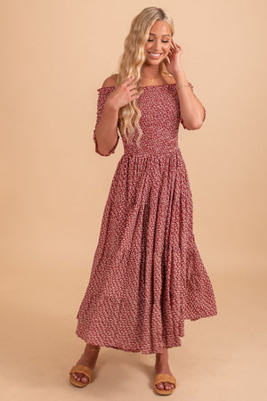 Women's Flowy Midi Dress with Ditsy Floral Print in Rust Red