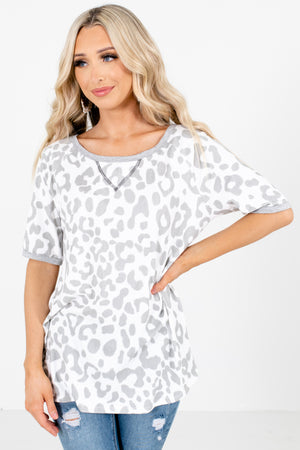 White and Gray Leopard Print Patterned Boutique Tops for Women