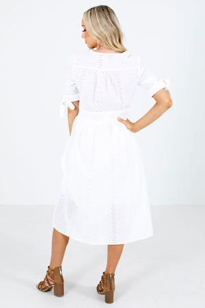 Women's White Self-Tie Sleeve Boutique Midi Dress