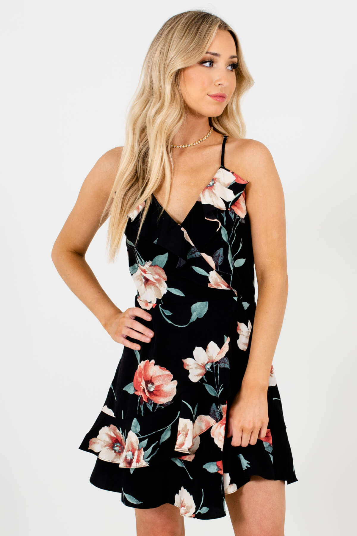 Black Multicolored Floral Patterned Boutique Mini Dresses for Women