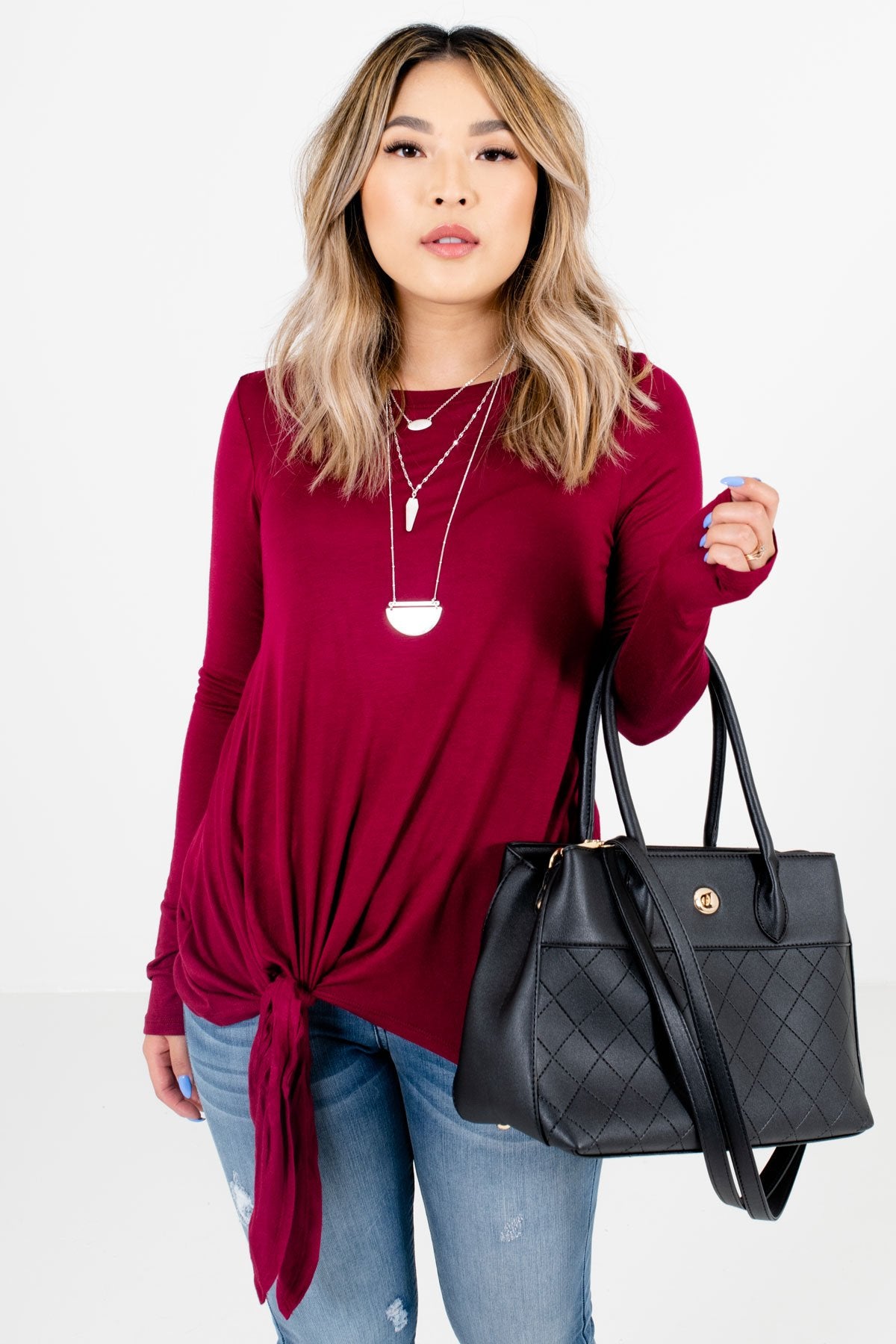 Burgundy Long Sleeve Boutique Tops for Women