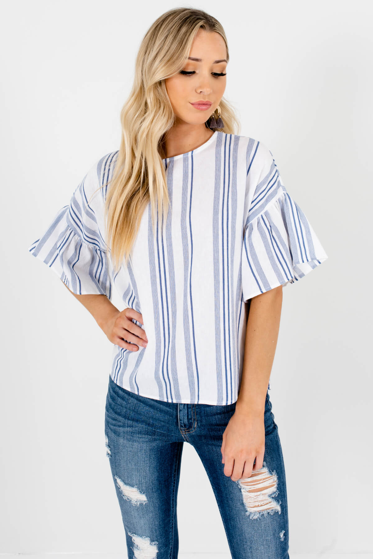 White Blue Striped Petite Boutique Tops and Blouses for Women