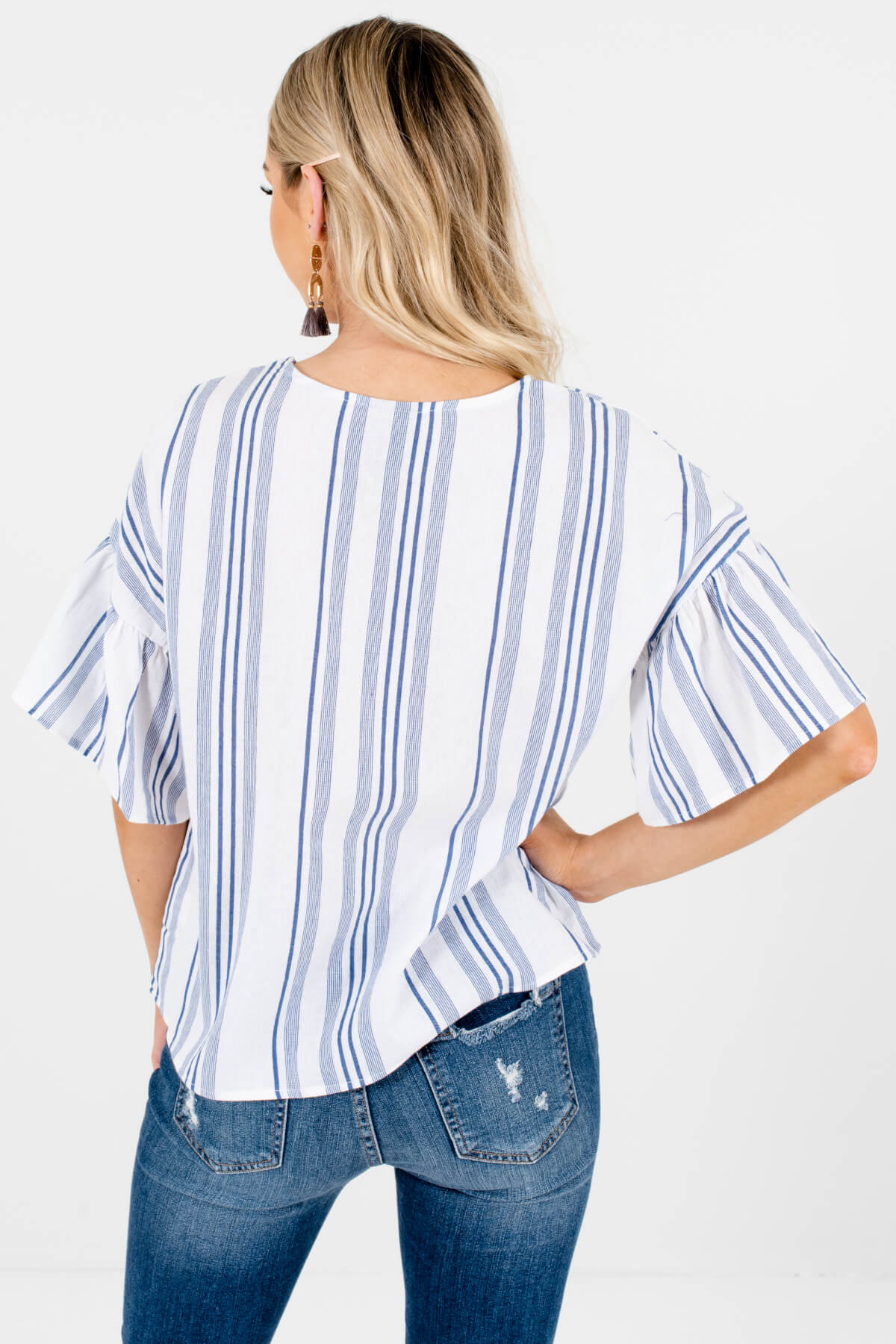 White Blue Striped Petite Tops Affordable Online Boutique