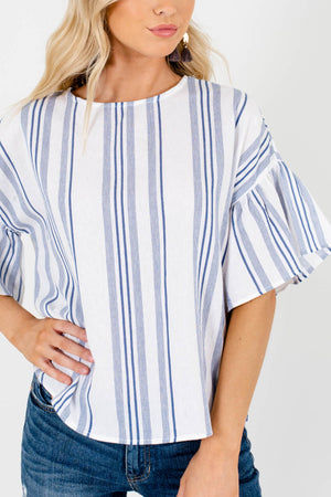 White Blue Nautical Striped Petite Tops Affordable Online Boutique