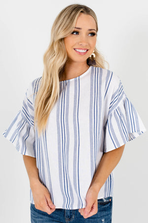 White Blue Striped Pleated Sleeve Tops Affordable Online Petite Boutique