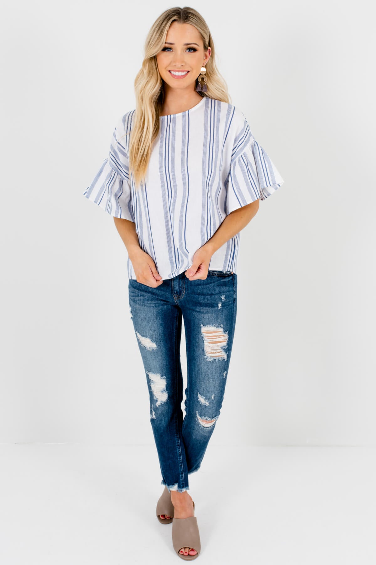 White Blue Striped Petite Boutique Tops with Pleated Ruffle Sleeves