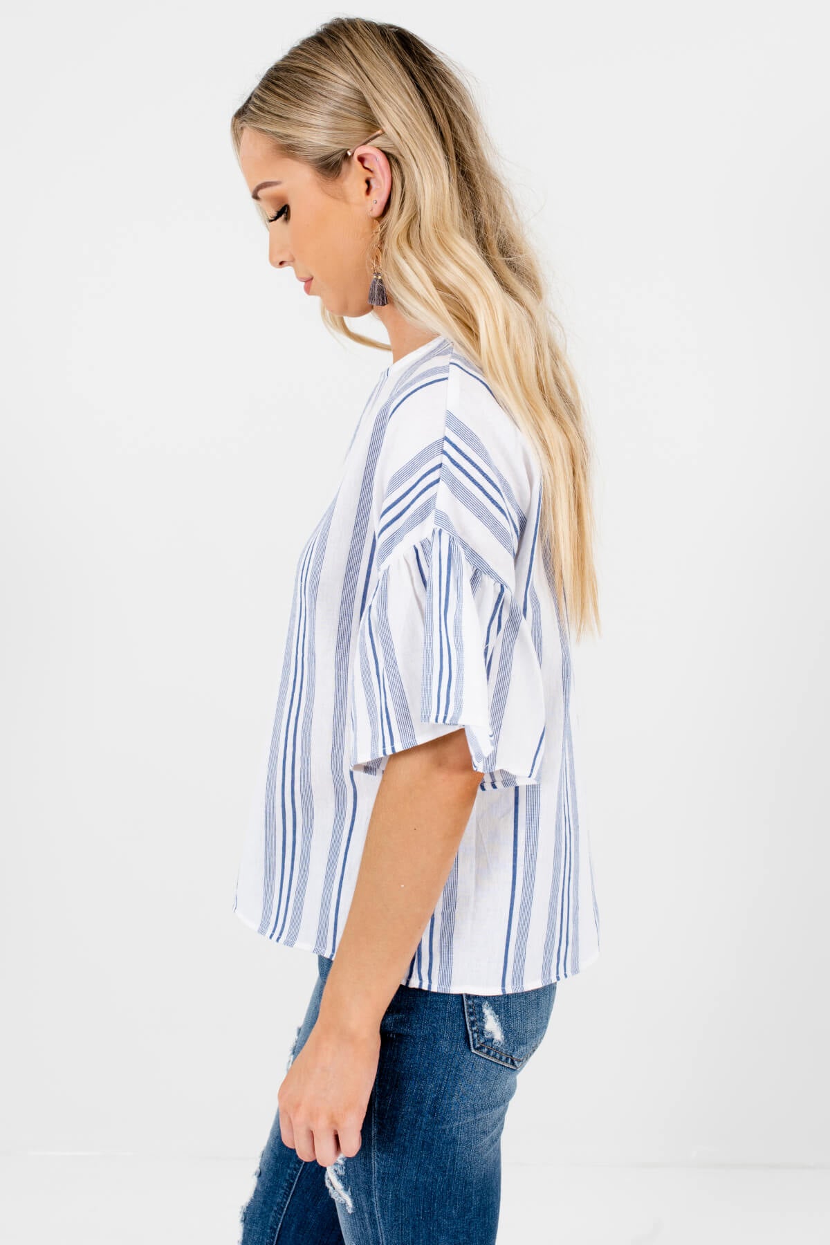 White Blue Striped Pleated Sleeve Petite Tops for Women