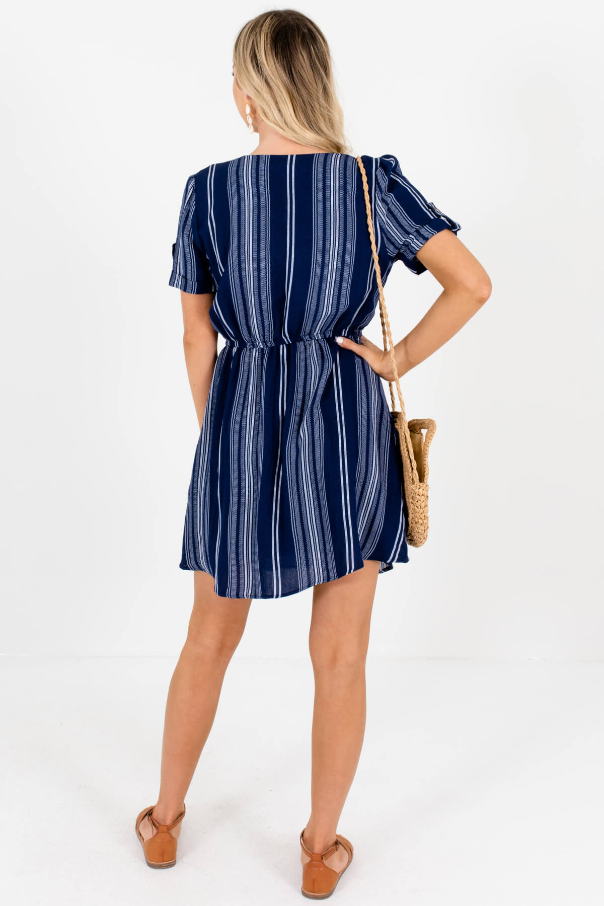 Navy White Striped Decorative Button Mini Dresses with Pockets