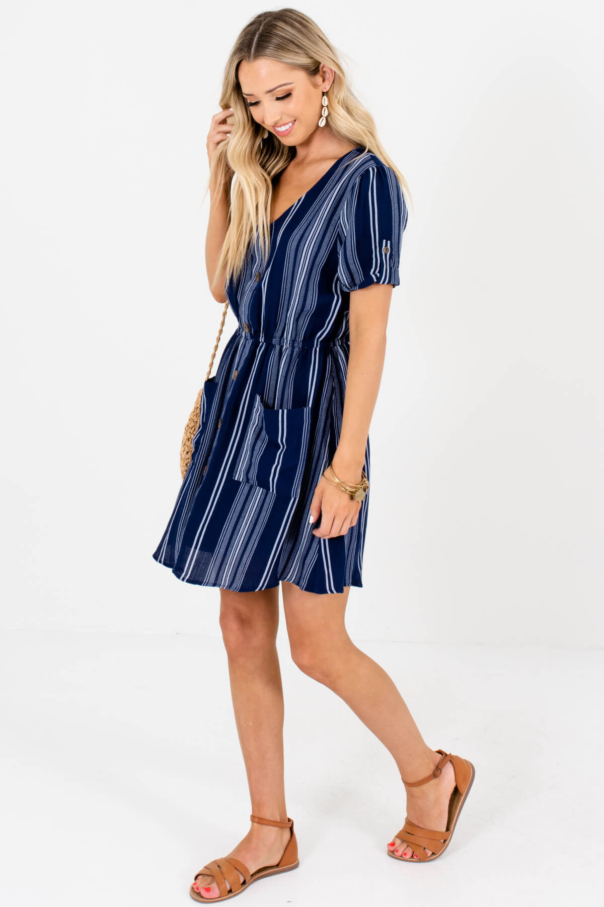 Navy Blue White Striped Boutique Mini Dresses for Summer