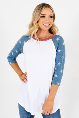 White, Blue, and Red Baseball Style Boutique T-Shirts for Women