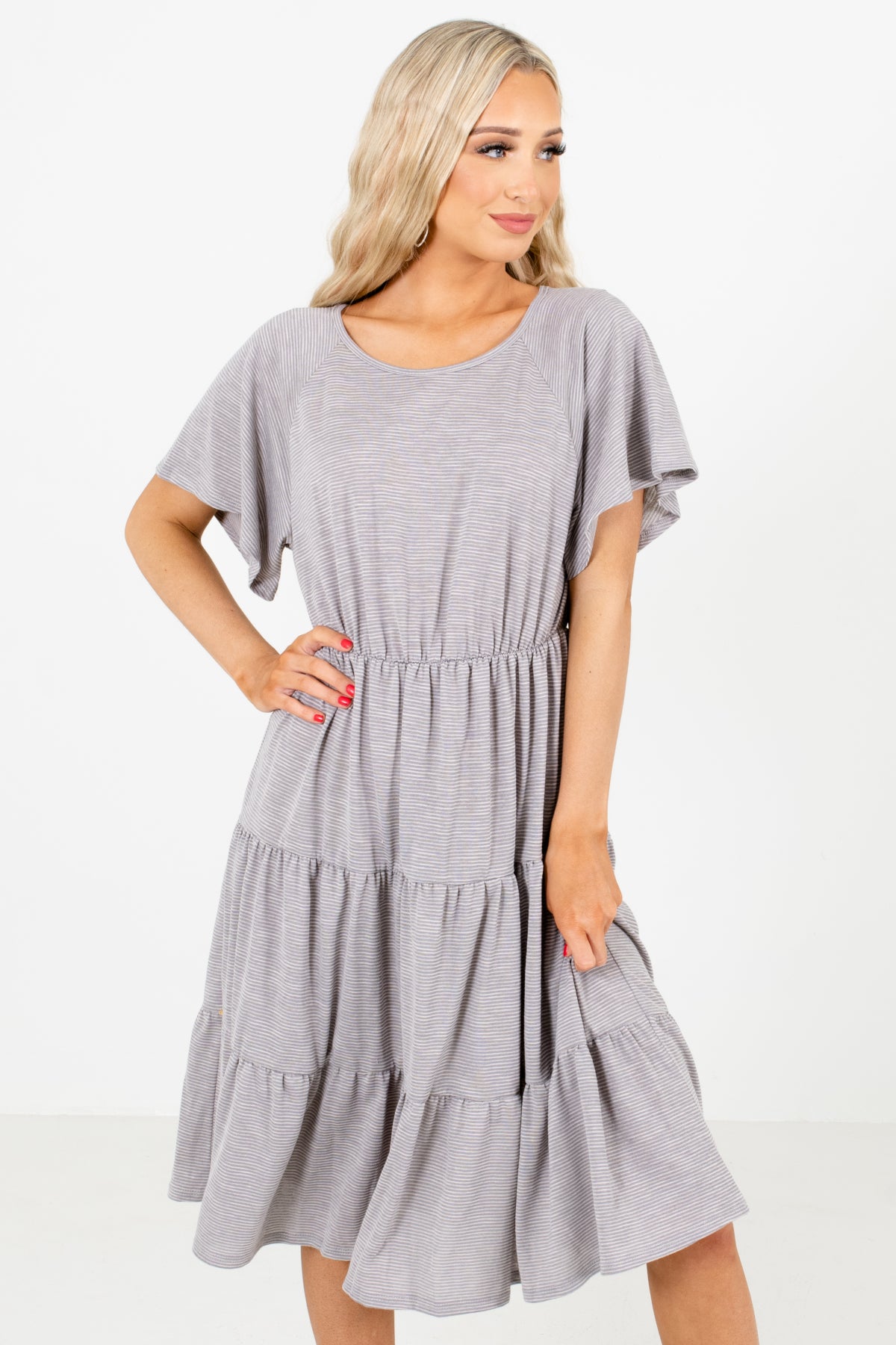 Gray Striped Boutique Knee-Length Dresses for Women