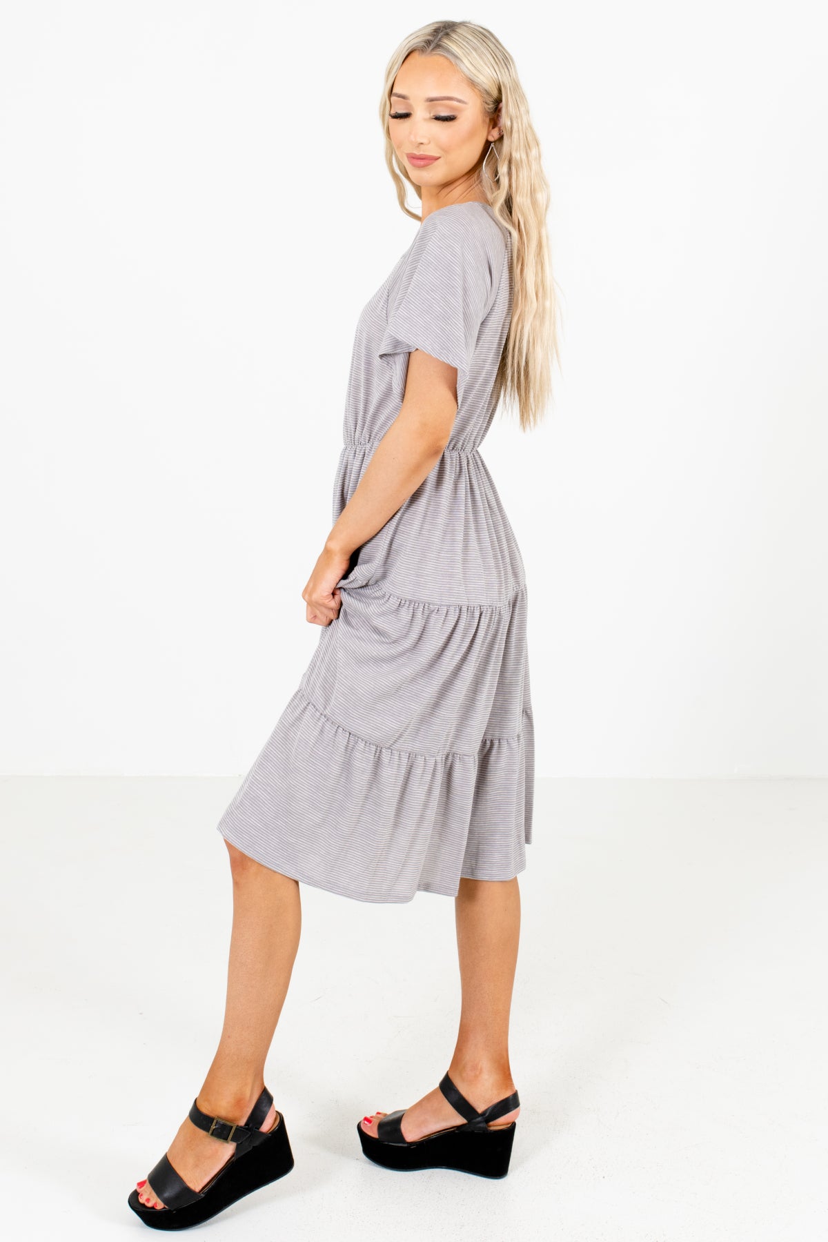Gray Round Neckline Boutique Knee-Length Dresses for Women